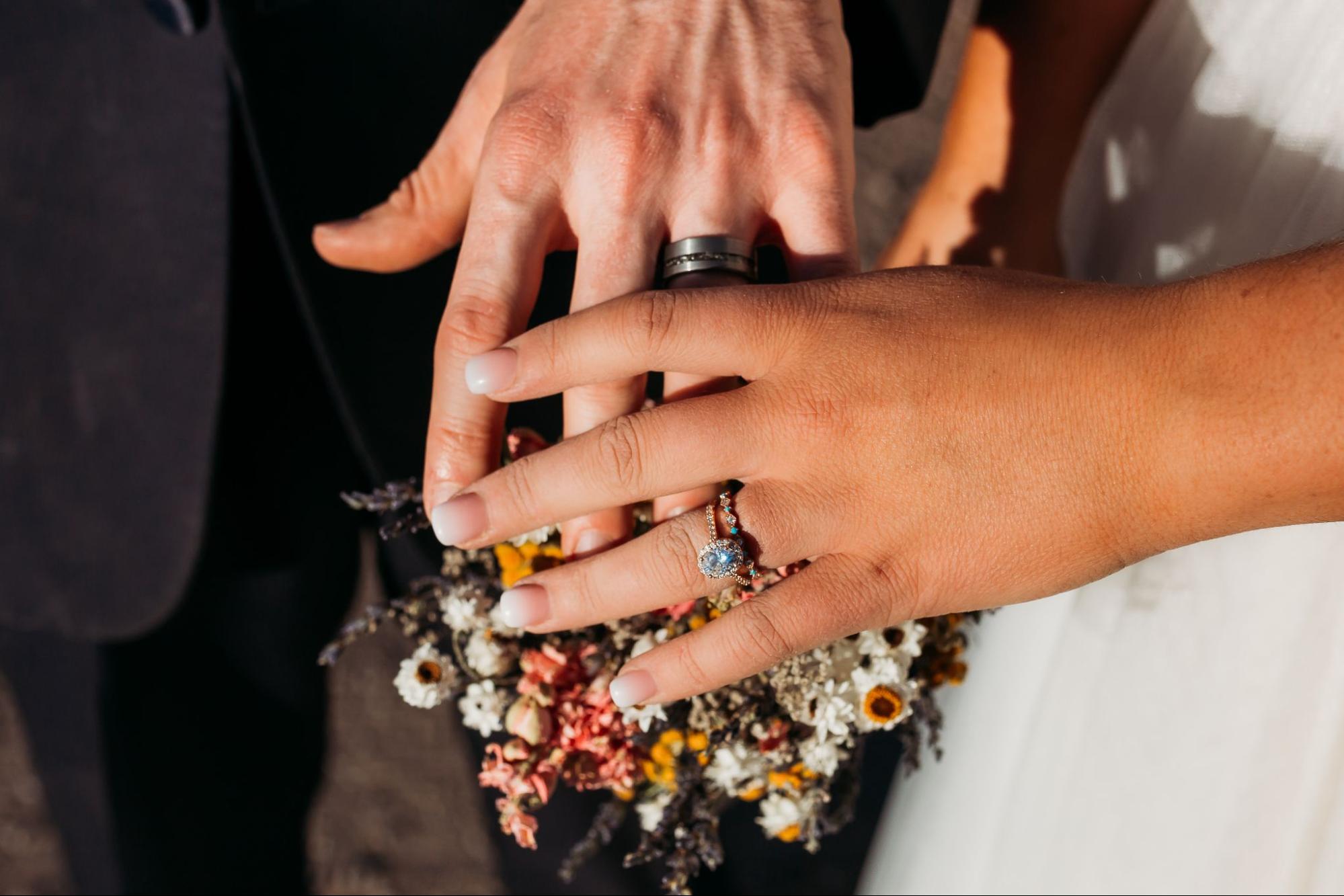 A couple's hands with wedding rings atop a bouquet