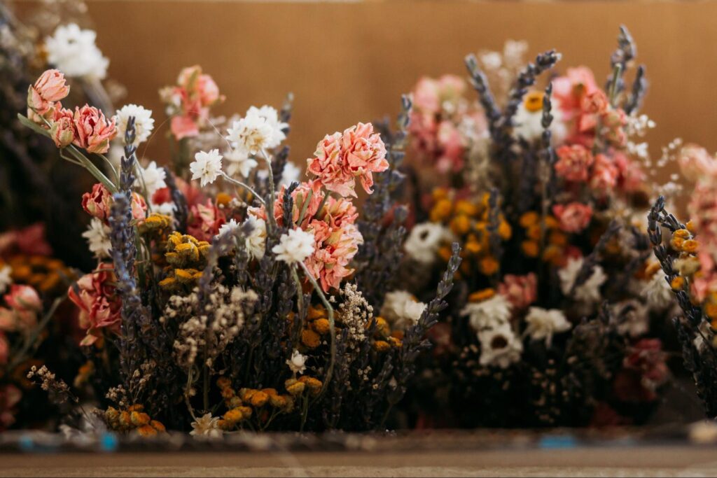 Vibrant, rustic floral arrangement close-up