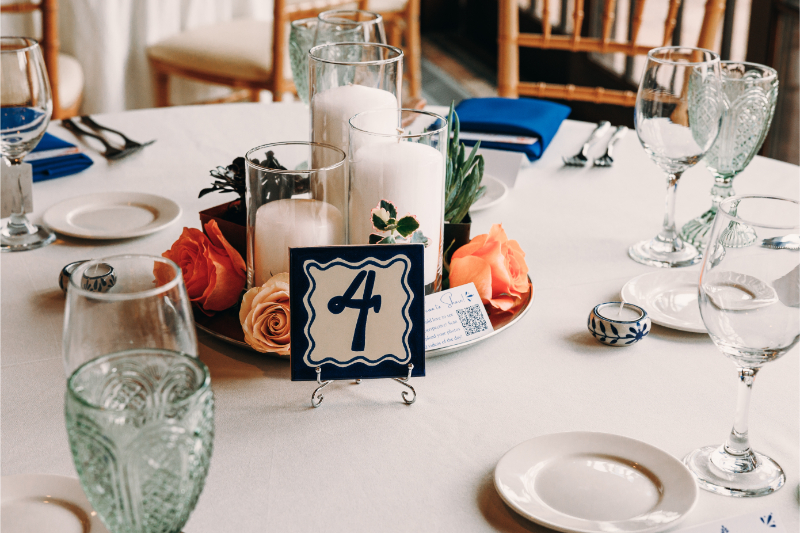 Wedding details on the reception table. 