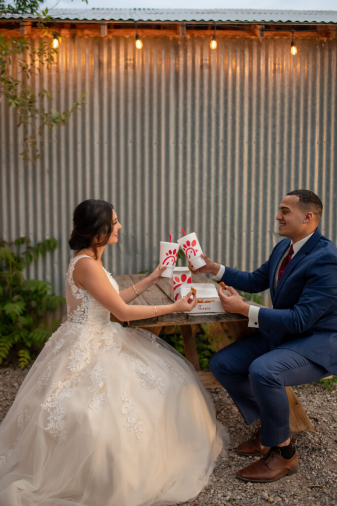 bride and groom with chick-fil-a