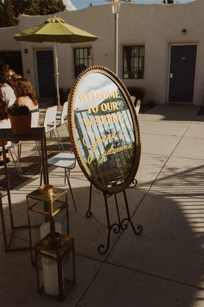 Mirror used for welcome sign for wedding ceremony. 