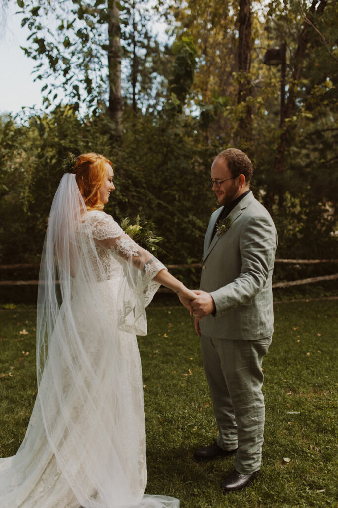 Couple shares first look after planning a fall wedding in New Mexico.