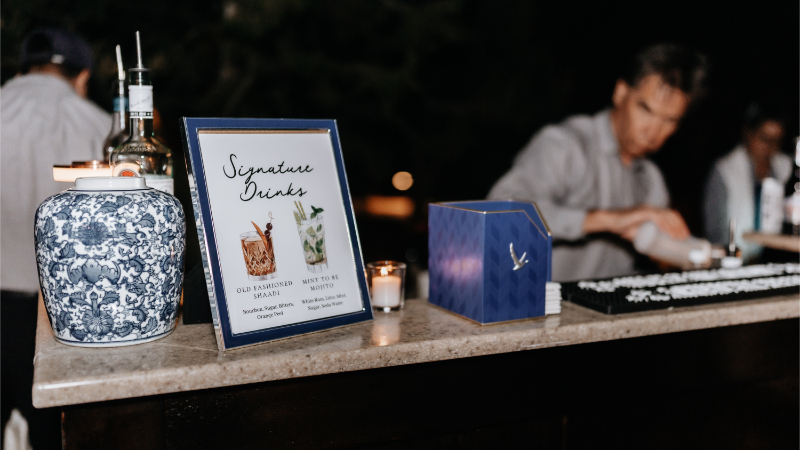 Signature drinks sign for a wedding rehearsal dinner.