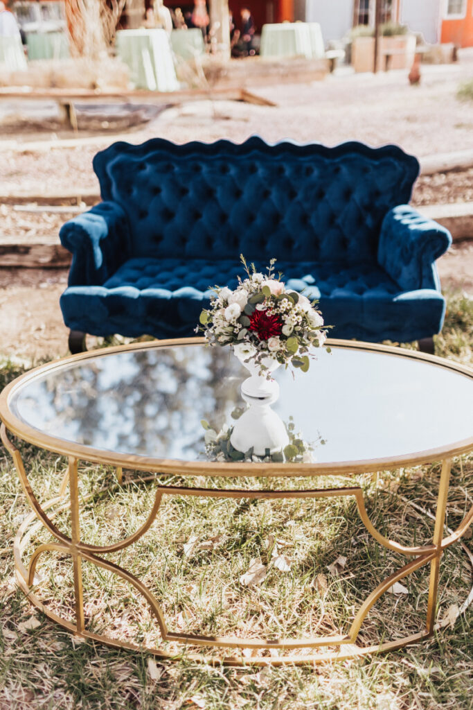 Lounge furniture wedding rentals used in New Mexico wedding. 