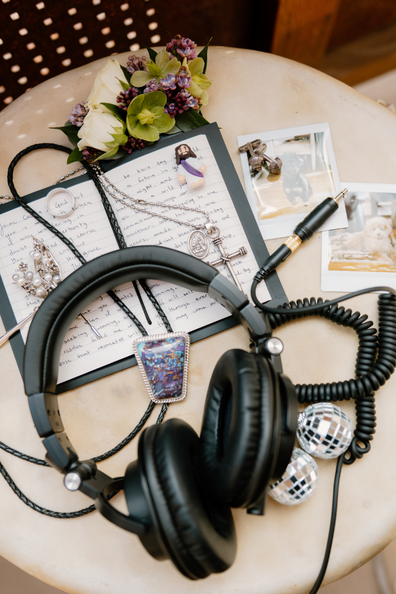 Flatlay of personal items used for wedding.