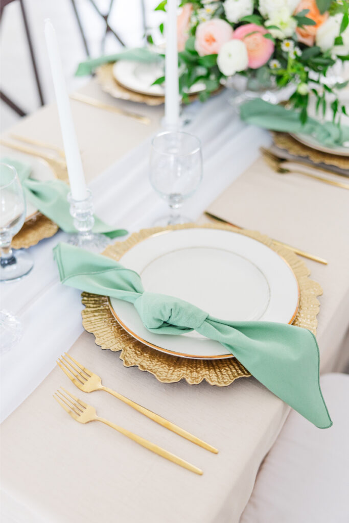 Closeup detail of table setting for wedding planner styled shoot.