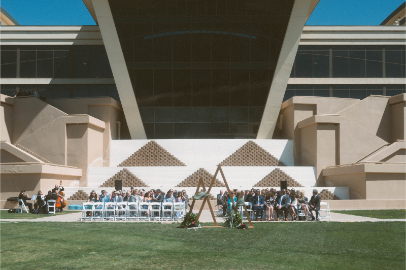 Wedding ceremony setup on lawn of Inn of the Mountain Gods in New Mexico.
