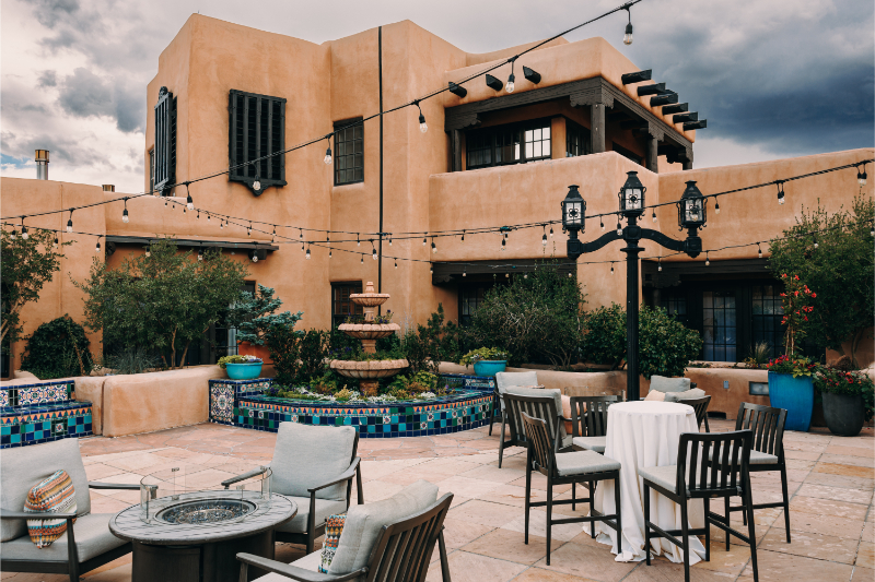 Courtyard of Bishop's Lodge decorated for wedding.