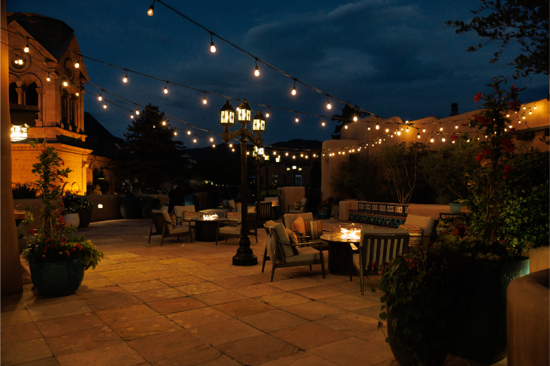 Courtyard of Bishop's Lodge decorated for wedding.