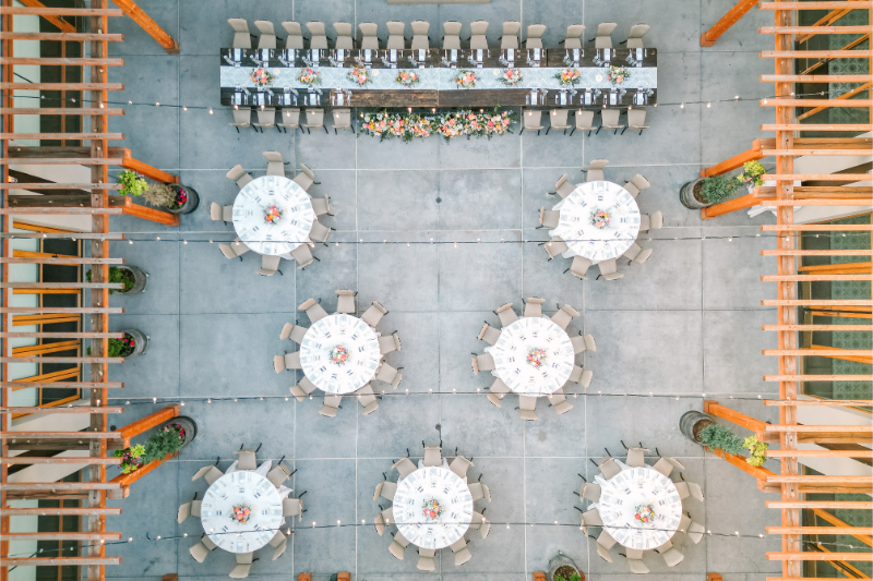 Top down view of tables decorated for reception.