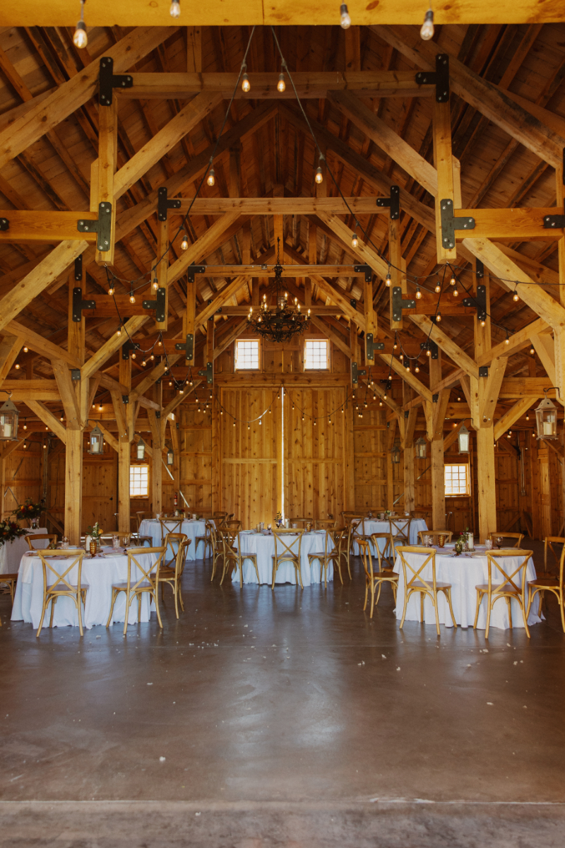 Wedding venue decorated for reception.