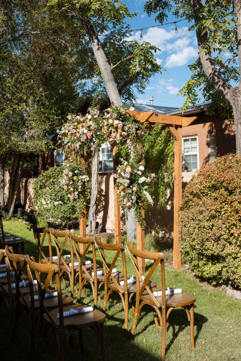 The Desert Compass, one of the best places to get married in New Mexico, decorated for ceremony.