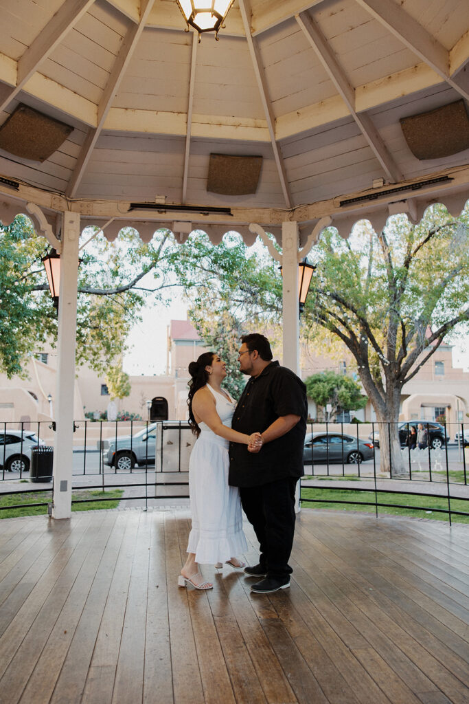 Couple dances together under gazebo after their Nashville proposal ideas took shape.