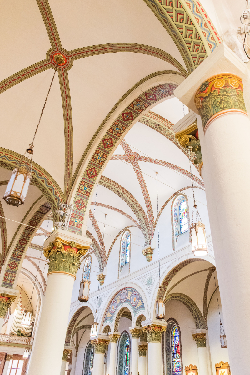 Arch and ceiling details of the Loretto Chapel in Santa Fe.