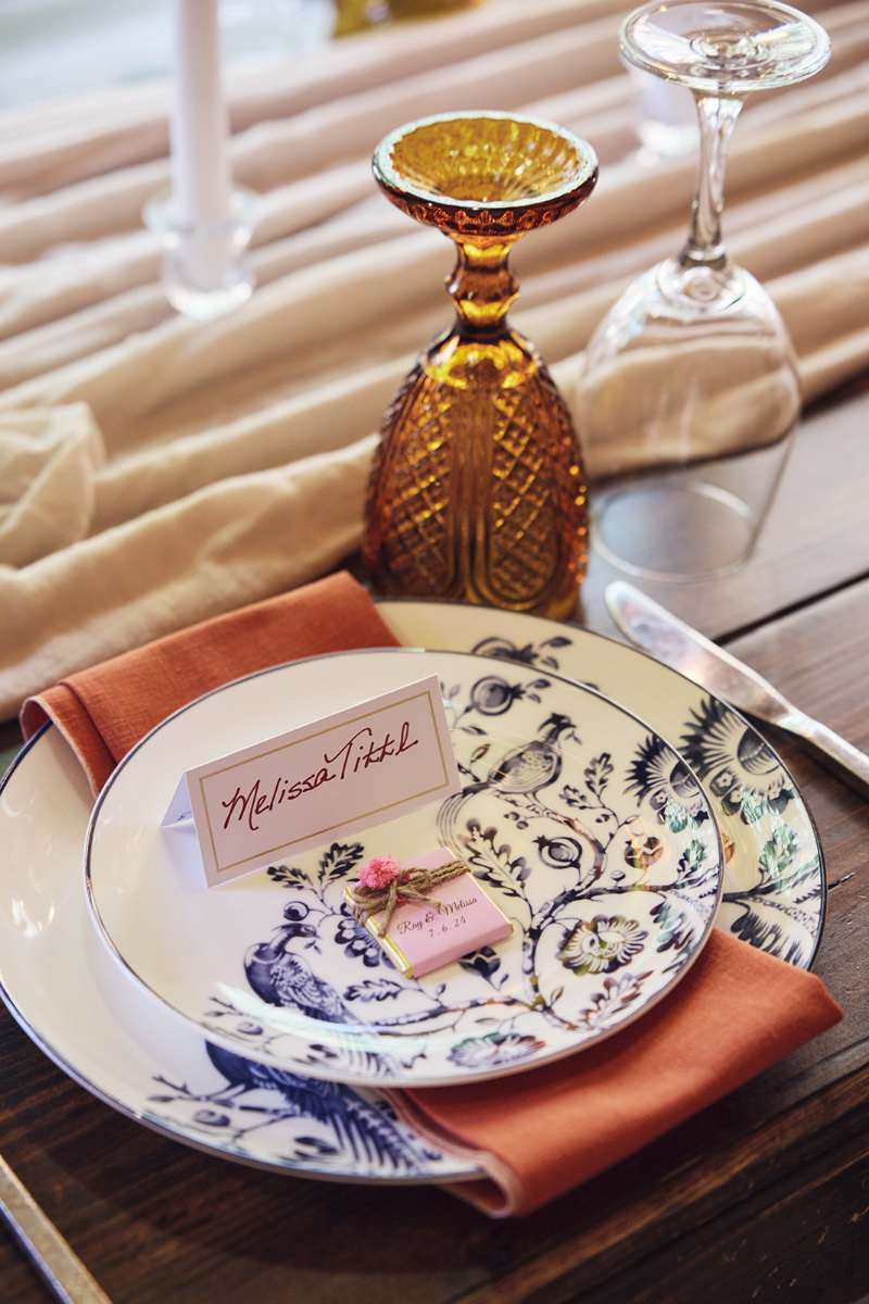 Table place setting for backyard wedding.