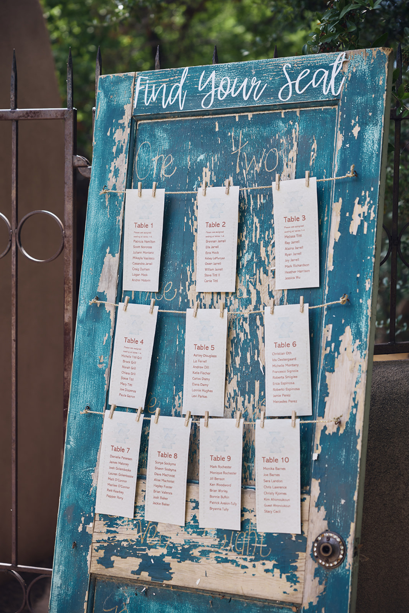 Seating chart for wedding reception made out of an old rustic teal door.