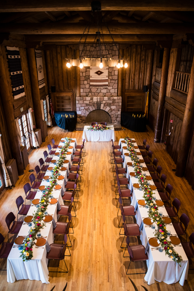 Reception space decorated for intimate wedding in New Mexico.