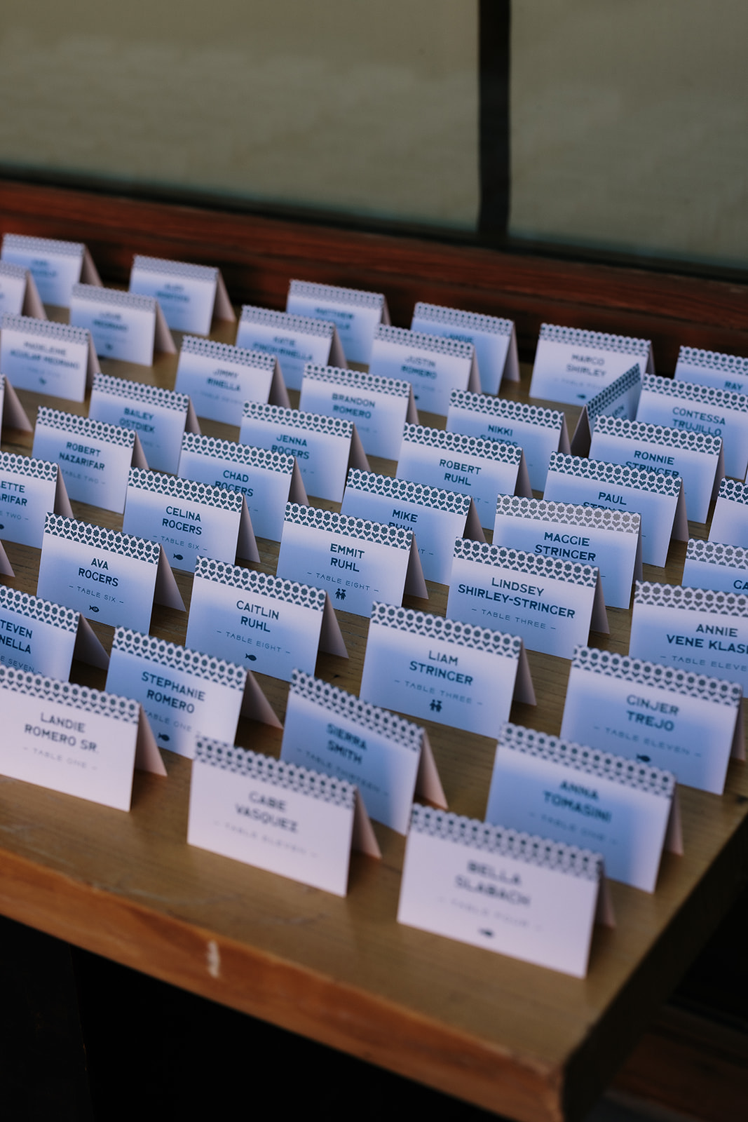 Escort cards displayed for wedding reception.