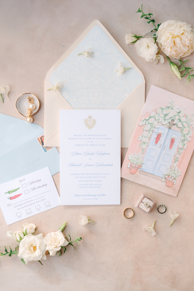 Flat lay of wedding stationery surrounded by florals.