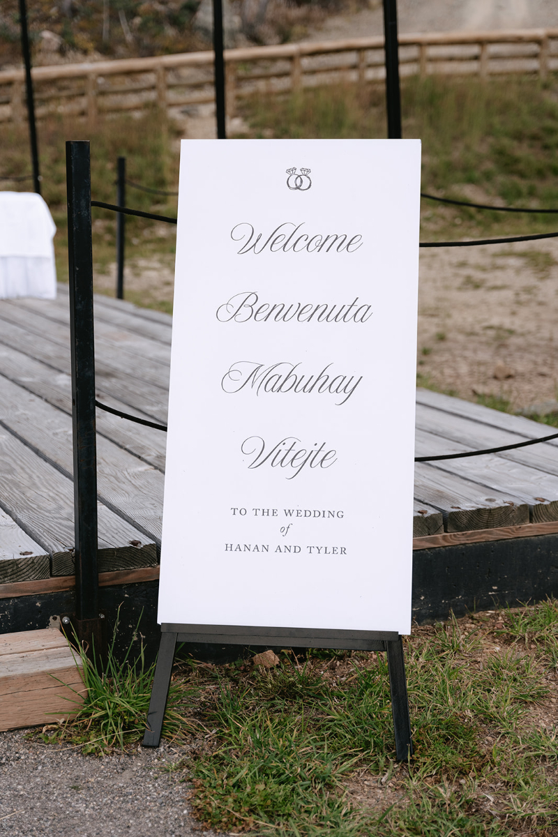 Signage welcoming guests to cocktail hour on the patio.
