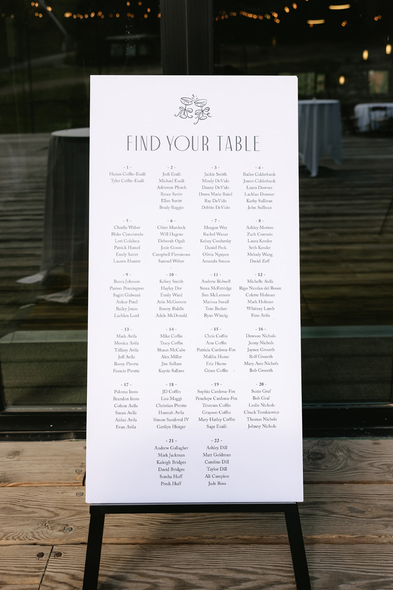 Seating chart for Knoxville wedding reeption sitting on easel.