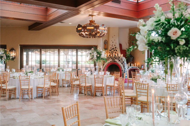 Santa Fe venue decorated for wedding reception.