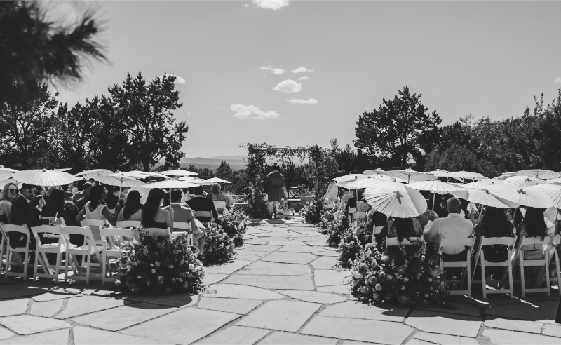 Black and white photo of wedding ceremony atop Jasper Highlands, Tennessee Wedding Venue at Pat's Summitt.