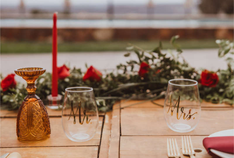 Sweetheart table decorated for a winter wedding in New Mexico.